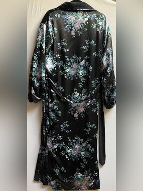 Silk & Satin Floral Kimono Robe Black Lavender M/L Long